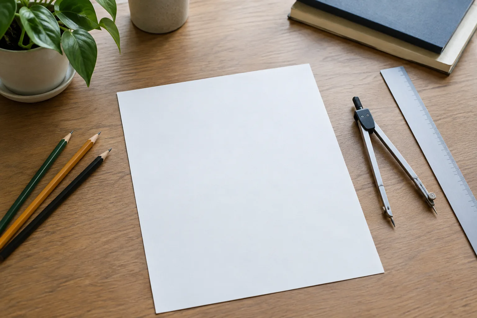 Чистые листы, карандаши и циркуль на столе