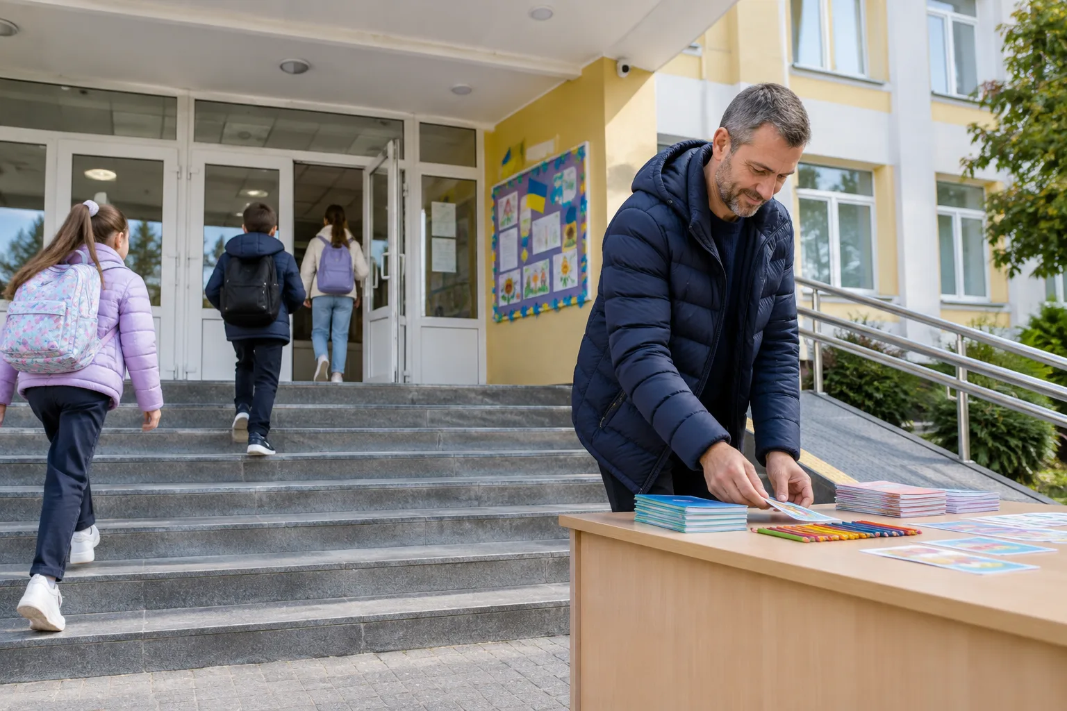 Навчальні матеріали біля входу до школи Чоловік розкладає навчальні матеріали на столі біля входу до школи, куди заходять учні