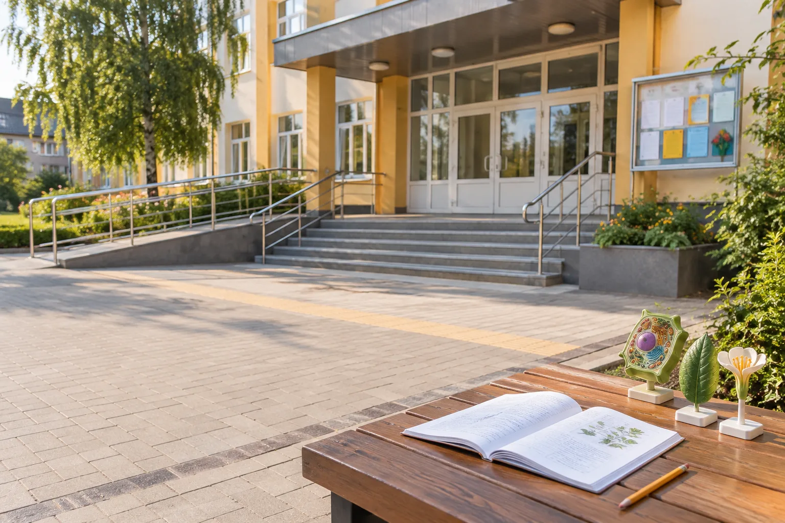 Відкритий підручник з біології та навчальні моделі на столі біля входу до школи